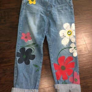 Size large overalls with painted flowers